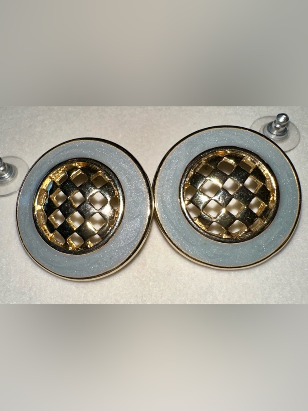 Ernst Gideon Bek Gold and Light Blue Round Lattice Stud Earrings